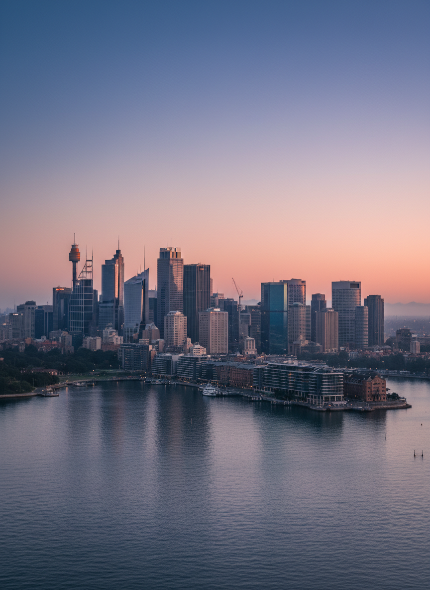 A wide photographic view of Sydney’s central business district skyline across the harbor at dawn, with glass office towers and heritage sandstone buildings rendered in crisp detail. The calm water in the foreground reflects the city lights fading as the sky transitions from deep blue to soft pastel. Diffused early morning light creates gentle highlights on steel and glass facades, with subtle mist softening the distant horizon. The composition is shot from an elevated, eye-level perspective, using rule of thirds to balance sky, city, and water. Sharp focus throughout emphasizes architectural textures and urban density. The atmosphere feels professional, calm, and anticipatory, perfectly suited to a serious local news homepage hero image in clean, photographic realism.