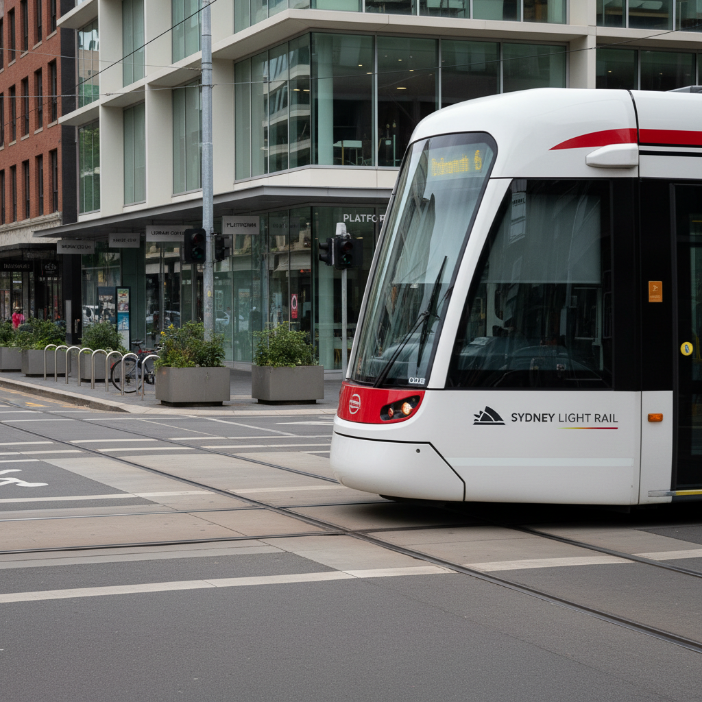 A close, photographic view of a modern Sydney light rail tram gliding past contemporary low-rise commercial buildings, each with clear glass storefronts and understated signage. The tram’s white and red exterior is clean and reflective, with metal tracks cutting through a neatly paved urban street lined with manicured planter boxes and bike racks. Soft overcast daylight produces even, natural lighting with minimal shadows, enhancing the clarity of details like street markings, traffic lights, and architectural lines. Captured from a slightly low, three-quarter angle to emphasize movement and infrastructure, with moderate depth of field keeping foreground and midground sharp. The mood is efficient and civic-focused, conveying the reliability of Sydney’s public transport network as part of a professional local news feature.